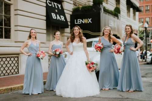 Bride and her bridal party outside The Lenox