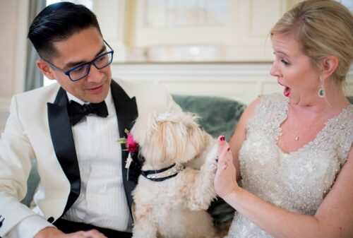 Bride + Groom with their dog on their wedding day
