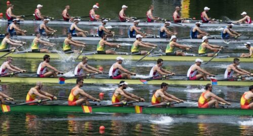 The boats of Spain, USA, Australia, Italy and Poland, from front, start for the Men's Eight race at the Rowing Olympic Qualification on Lake Rotsee in Lucerne, Switzerland, Sunday, May 22, 2016.