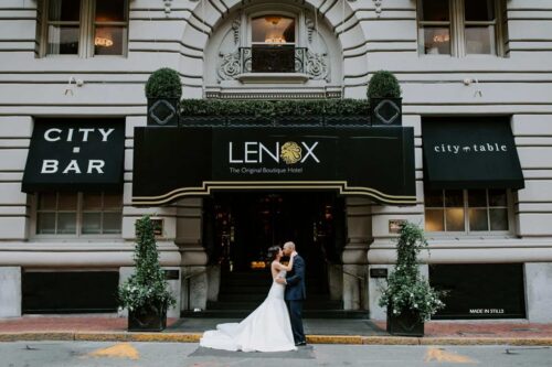 Bride and Groom outside Lenox Hotel