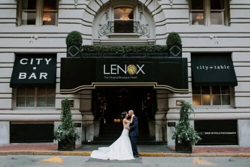 Bride and Groom outside Lenox Hotel